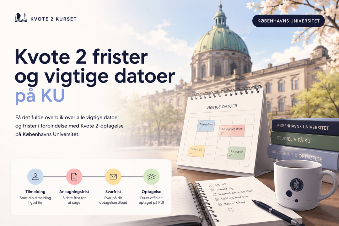 Tidslinje med frister og vigtige datoer for kvote 2-optagelse på KU